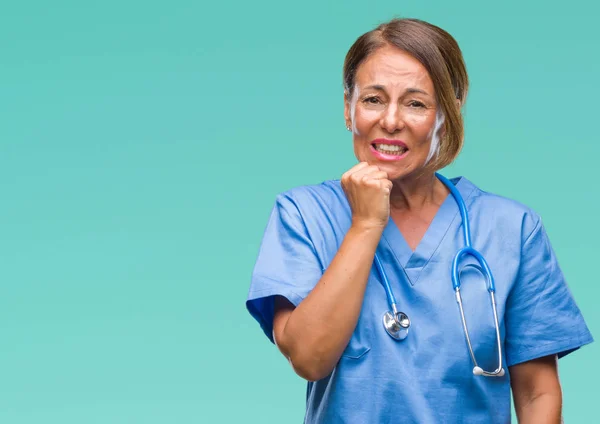 Medelåldern Ledande Sjuksköterska Läkare Kvinna Över Isolerade Bakgrund Ser Stressad — Stockfoto