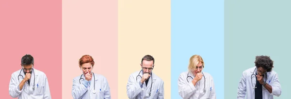 专业医生拼贴在五颜六色的条纹孤立的背景感到不适和咳嗽作为症状的感冒或支气管炎 医疗理念 — 图库照片
