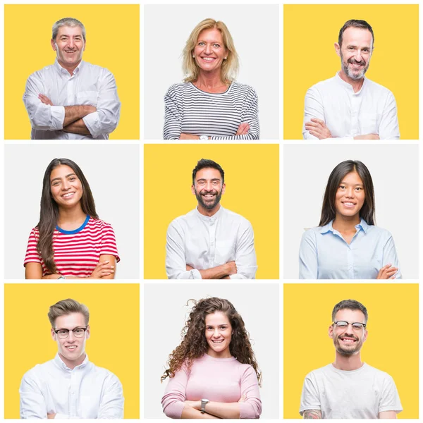 Colagem Grupo Jovens Idosos Sobre Fundo Amarelo Isolado Rosto Feliz — Fotografia de Stock