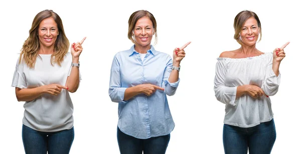 Collage Mezza Età Donna Ispanica Sfondo Isolato Con Grande Sorriso — Foto Stock