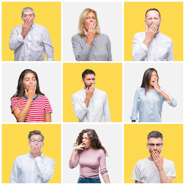 Collage Grupo Jóvenes Personas Mayores Sobre Fondo Aislado Amarillo Aburrido —  Fotos de Stock