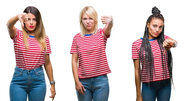 年轻女性在孤立的背景上穿着条纹 T恤的拼贴看起来很不开心 表现出拒绝和竖起大拇指的负面姿态 错误的表达 — 图库照片