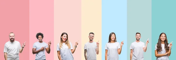 Collage Olika Etnisk Ungdomar Bär Vit Shirt Över Färgglada Isolerade — Stockfoto