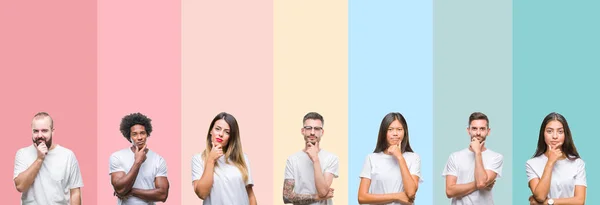 Colagem Diferentes Etnias Jovens Vestindo Camiseta Branca Sobre Fundo Colorido — Fotografia de Stock