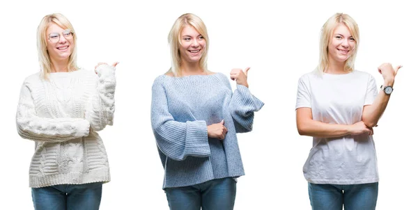 Collage Einer Schönen Blonden Frau Die Winterpullover Über Isoliertem Hintergrund — Stockfoto