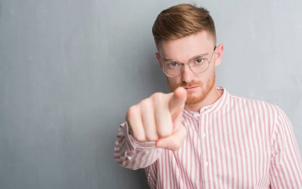 Young Redhead Man Grey Grunge Wall Pointing Finger Camera You — Stock Photo, Image