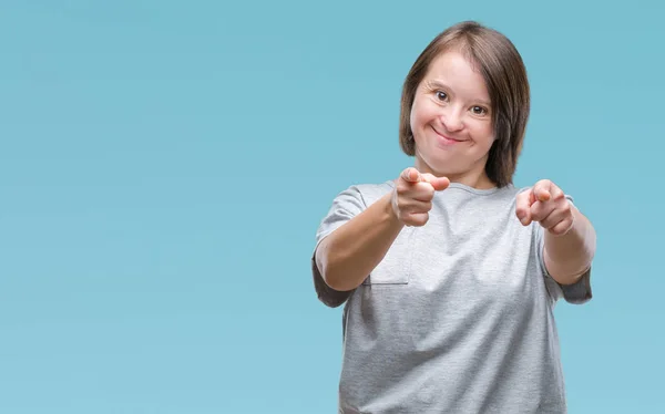 Young Adult Woman Syndrome Isolated Background Pointing Fingers Camera Happy — Stock Photo, Image