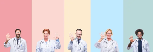 Koláž Profesionálních Lékařů Nad Barevné Pruhy Izolované Pozadí Zobrazení Směřující — Stock fotografie