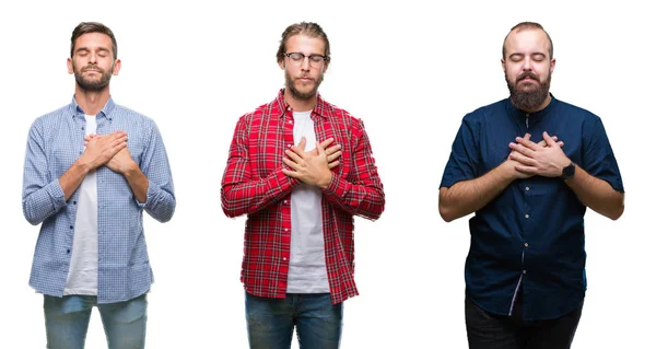 Collage Gruppo Giovani Sfondo Bianco Isolato Sorridente Con Mani Sul — Foto Stock