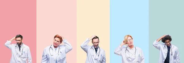 Collage Professional Doctors Colorful Stripes Isolated Background Confuse Wonder Question — Stock Photo, Image