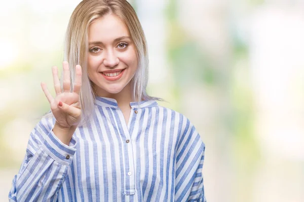 Mladá Blond Žena Izolované Pozadí Zobrazení Ukázal Prsty Číslo Čtyři — Stock fotografie