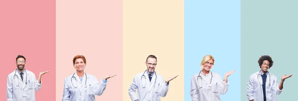 Collage Professional Doctors Colorful Stripes Isolated Background Smiling Cheerful Presenting — Stock Photo, Image