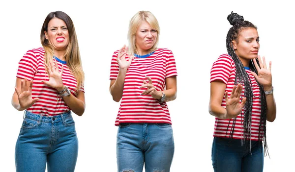 Collage Van Jonge Vrouwen Dragen Shirt Strepen Geïsoleerde Achtergrond Walgt — Stockfoto