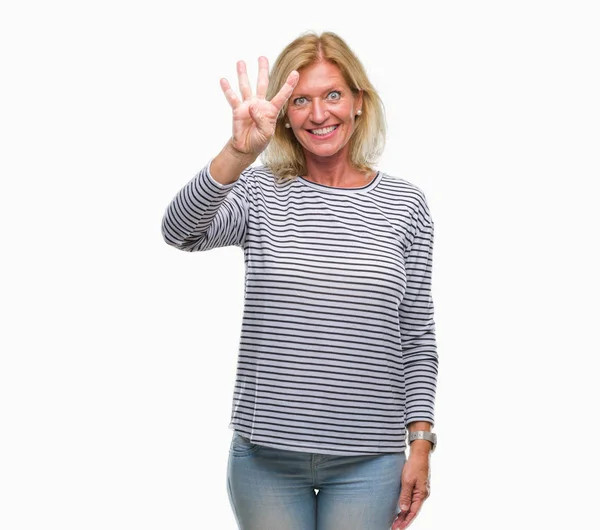 Blonde Vrouw Van Middelbare Leeftijd Geïsoleerde Achtergrond Weergeven Met Vingers — Stockfoto