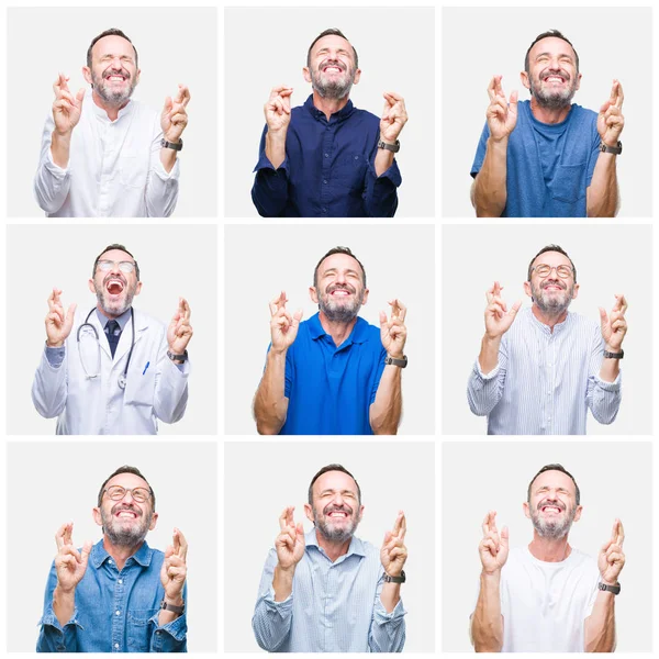 Collage Van Senior Hoary Elegante Man Witte Geïsoleerde Achtergrond Glimlachend — Stockfoto