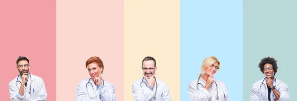 Collage Professional Doctors Colorful Stripes Isolated Background Looking Confident Camera — Stock Photo, Image