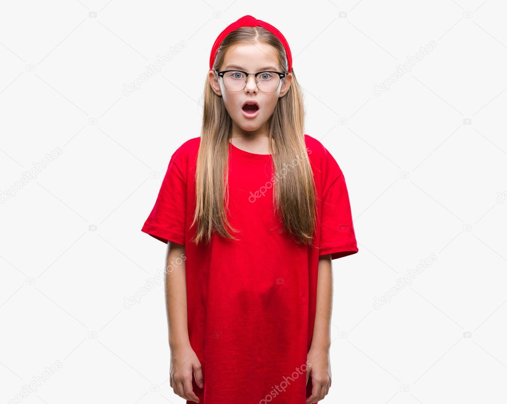 Young beautiful girl wearing glasses over isolated background afraid and shocked with surprise expression, fear and excited face.