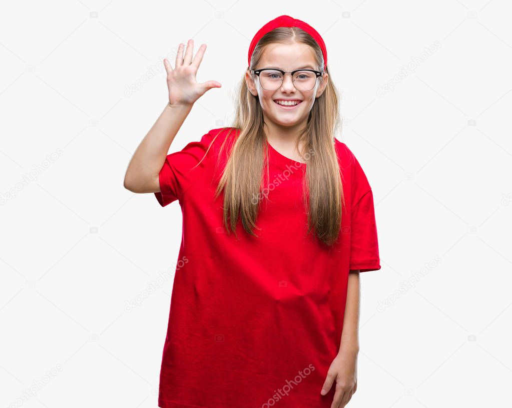 Young beautiful girl wearing glasses over isolated background showing and pointing up with fingers number five while smiling confident and happy.