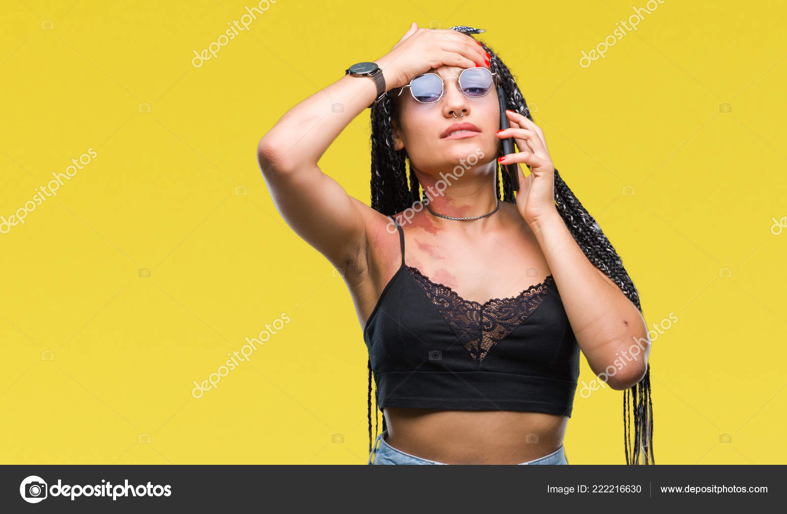 Young Braided Hair African American Birth Mark Talking Smartphone