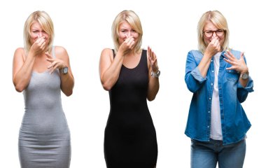 Güzel sarışın kadın bir şey pis ve iğrenç kokulu izole arka plan, dayanılmaz koku, holding nefes burun parmaklar ile kolaj. Kötü kokuyor kavramı.