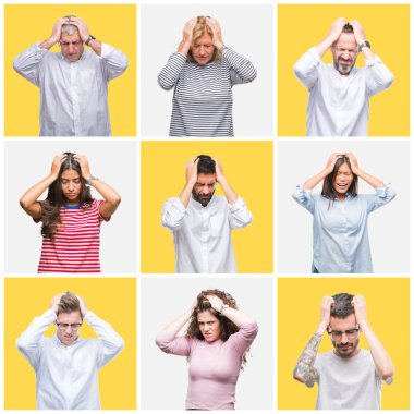 Kolaj grup çünkü umutsuz ve stresli baş ağrısı acı sarı izole arka plan üzerinde genç ve üst düzey insan acı ve migren. Ellerini kafasına.