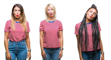 Kolaj giyen genç kadınların t-shirt izole arka plan yapma balık yüzüne dudaklı, çılgın ve komik bir jest çizgili. Komik ifade.