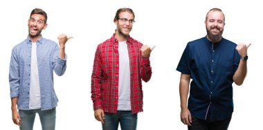 Genç erkekler arıyorum ve başparmak yanında yukarıyı mutlu yüz ile gülümseyen beyaz izole arka plan üzerinde Grubu'nun kolaj.