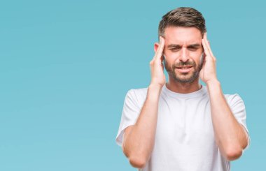 Çünkü genç yakışıklı adam arka plan baş baş ağrısı için el ile izole stres. Migren muzdarip.