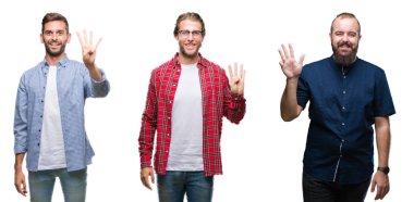 Kolaj bir grup genç adam gösterilen ve parmakları ile işaret beyaz izole arka plan üzerinde dört kendinden emin ve mutlu gülümseyerek iken numara.