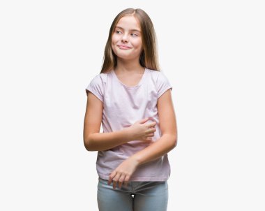 Genç güzel kız görünümlü yan ve dik dik bakma uzağa düşünce gülümseyen izole arka plan üzerinde.