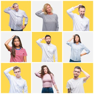 Kolaj grup izole sarı arka plan üzerinde genç ve üst düzey insan yanıltır ve soru hakkında merak ediyorum. Şüphe, kafasına el ile düşünme ile belirsiz. Dalgın kavramı.