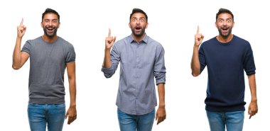 Yakışıklı genç Hintli başarılı fikirle parmağı yukarıyı izole arka plan üzerinde kolaj. Çıktıktan ve mutlu. Bir numara.