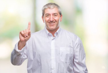 Üst düzey yakışıklı ve kendinden emin ve mutlu gülümseyerek süre parmak numaralı yukarıyı gösteren izole arka plan üzerinde.