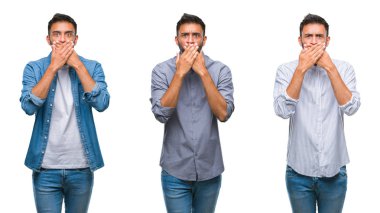 Kolaj izole arka plan ağız hata için elleriyle kapsayan şok yakışıklı genç Hintli adam. Gizli kavramı.