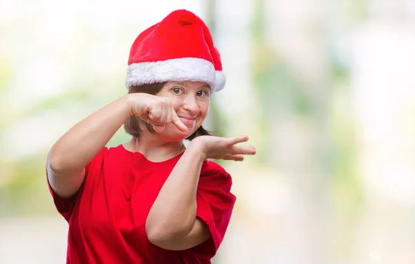 Mujer Adulta Joven Con Síndrome Con Sombrero Navidad Sobre Fondo — Foto de Stock