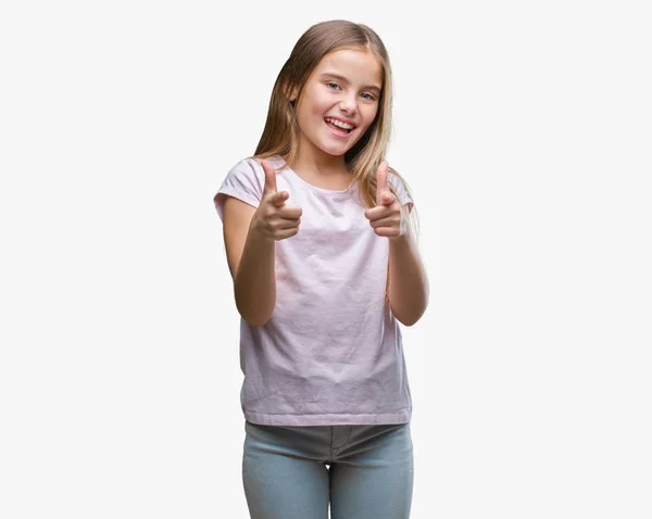 Young Beautiful Girl Isolated Background Pointing Fingers Camera Happy Funny — Stock Photo, Image