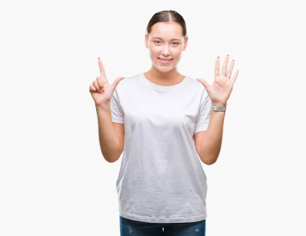 Joven Hermosa Mujer Caucásica Sobre Fondo Aislado Mostrando Señalando Hacia — Foto de Stock