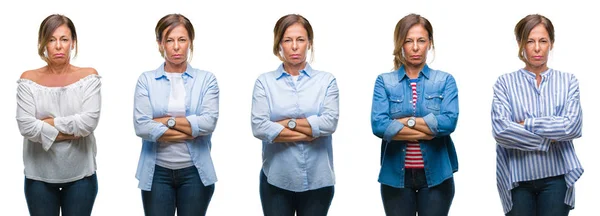 Collage Mujer Hispana Mediana Edad Sobre Fondo Aislado Escéptico Nervioso — Foto de Stock