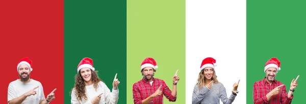 Collage Group People Wearing Christmas Hat White Green Isolated Background — Stock Photo, Image