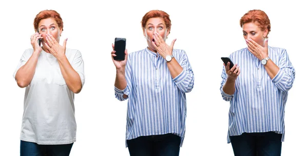 Collage Einer Seniorin Mittleren Alters Mit Smartphone Über Weißem Isoliertem — Stockfoto