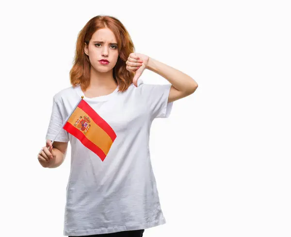 Jonge Mooie Vrouw Houdt Van Vlag Van Spanje Voeren Geïsoleerde — Stockfoto