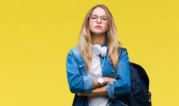 Joven Hermosa Estudiante Rubia Que Usa Auriculares Gafas Sobre Fondo —  Fotos de Stock