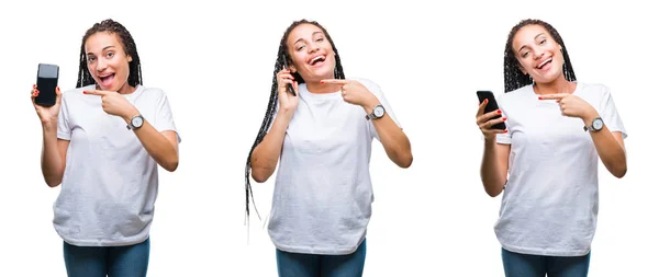 배경에 손가락으로 가리키는 스마트폰을 아프리카계 미국인 여자의 콜라주 — 스톡 사진