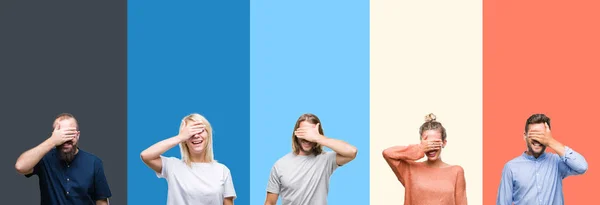 Collage Casual Young People Colorful Stripes Isolated Background Smiling Laughing — Stock Photo, Image