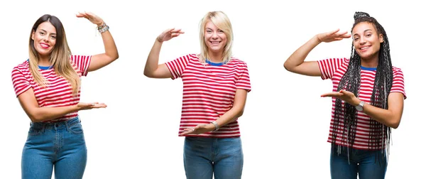 Collage Young Women Wearing Stripes Shirt Isolated Background Gesturing Hands — Stock Photo, Image