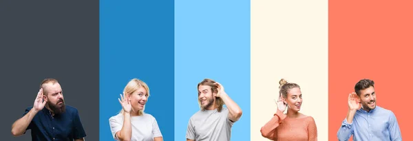 Collage Von Lässigen Jungen Leuten Über Bunten Streifen Isolierten Hintergrund — Stockfoto