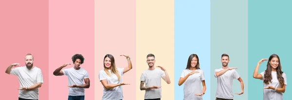 Collage Different Ethnics Young People Wearing White Shirt Colorful Isolated — Stock Photo, Image