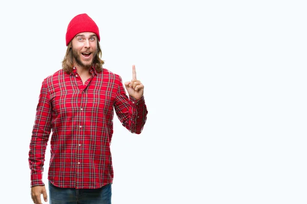 Young Handsome Man Long Hair Wearing Red Cap Isolated Background — Stock Photo, Image