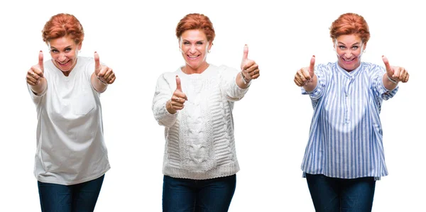 中年老年女性在白色孤立背景下的拼贴赞成用手做积极的手势 竖起大拇指微笑 为成功而高兴 看着镜头 赢家的手势 — 图库照片