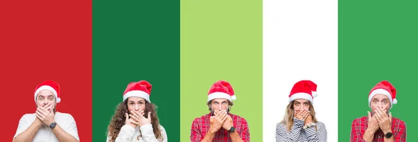 Collage Group People Wearing Christmas Hat White Green Isolated Background — Stock Photo, Image